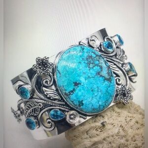 Turquoise Blue Topaz Stamped 925 Sterling Silver Cuff Bracelet
